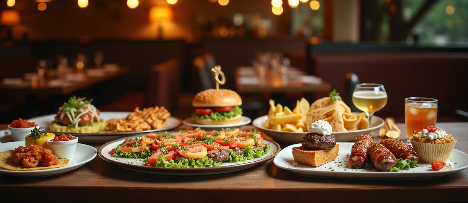 Variedad de platillos gourmet: tacos, pizza, sushi, hamburguesas y postres